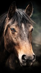 Obraz premium Zbliżenie brązowego konia o pełnych duszy oczach, uchwycone w miękkim, naturalnym świetle na zewnątrz