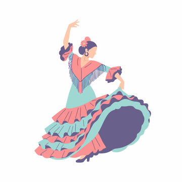 Flat vector illustration of a Spanish dancer in a traditional ruffled dress and fringed shawl.
