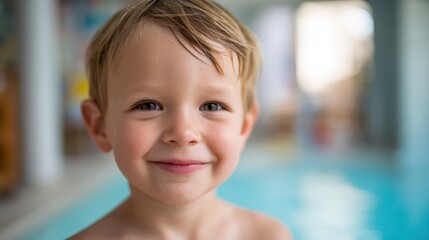 A young child stands near an indoor swimming pool, displaying a joyful smile. The atmosphere is lively and cheerful, perfect for water-related activities