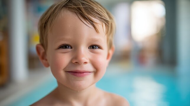 A young child stands near an indoor swimming pool, displaying a joyful smile. The atmosphere is lively and cheerful, perfect for water-related activities - Powered by Adobe