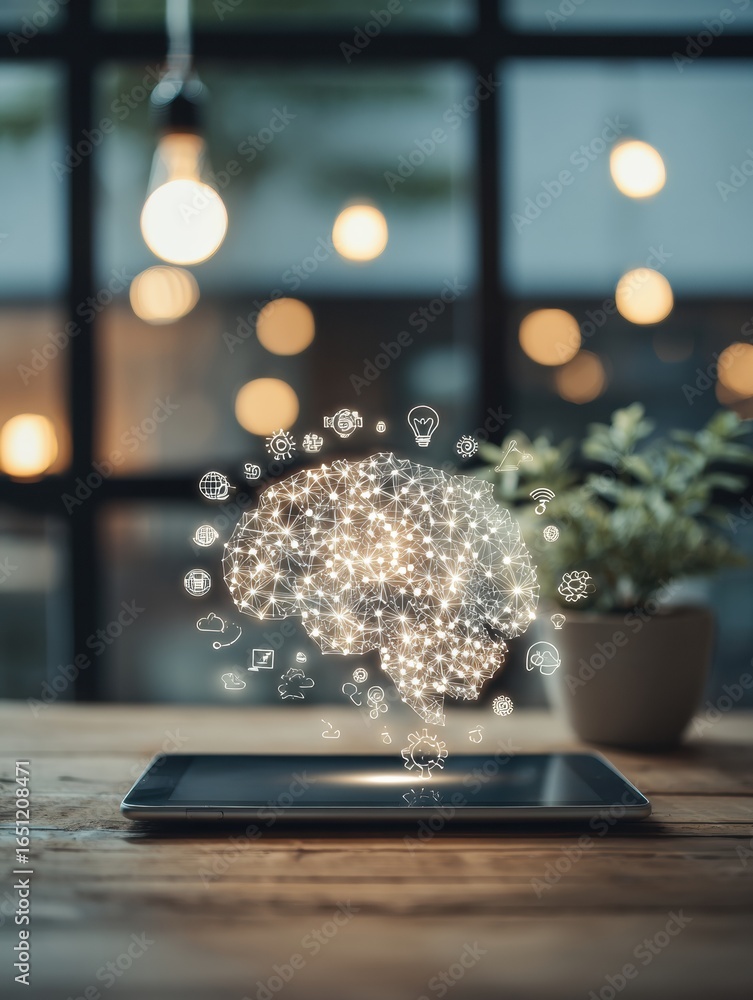 Poster creative visualization of an artificial intelligence concept on a tablet in a cozy workspace with mo