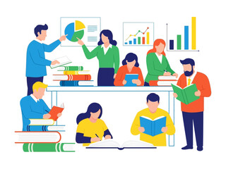 Business Team Study Session: Illustrative depiction of a dynamic study session featuring professionals immersed in data analysis, collaboration, and strategic planning.