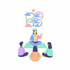 Flat vector illustration of a storyteller in a colorful hat sharing magical tales with a small group sitting on a mat.