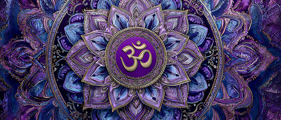 Purple Violet Mandala Om Symbol Spiritual Background 7:3 Banner for Yoga App Meditation Website Header Social Media Cover Wellness Blog Hindu Sacred Geometric Design Pattern