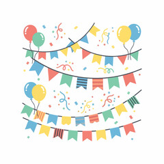 Colorful festive party decorations with balloons bunting flags confetti and streamers in a flat style.