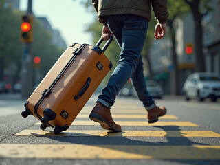 旅行ケースを持って横断歩道を歩く