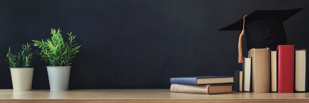 A graduation cap sits atop stacks of books beside potted plants, symbolizing academic achievement. Perfect for header or newsletter banner.