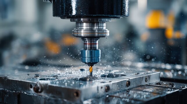 A CNC machine performs precision machining on a metal workpiece in a busy industrial workshop. Water sprays cool the drill bit as it cuts through the material, creating metal shavings - Powered by Adobe