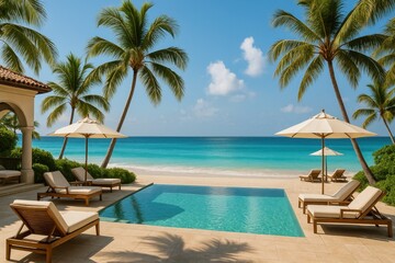 Fototapeta premium Luxury Beach Resort Display with Tropical Paradise and Premium Hospitality Experience
