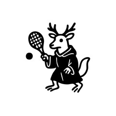 Black and white illustration of a deer in a robe holding a racket and a ball