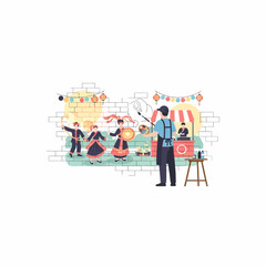 Artist paints traditional dancers on brick wall with festive lanterns.