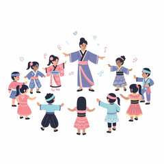 Diverse children in traditional Japanese attire dancing in a circle.