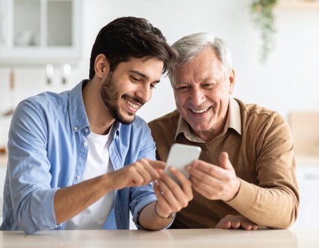 grandson teaching grandfather smartphone use at kitchen table - Powered by Adobe