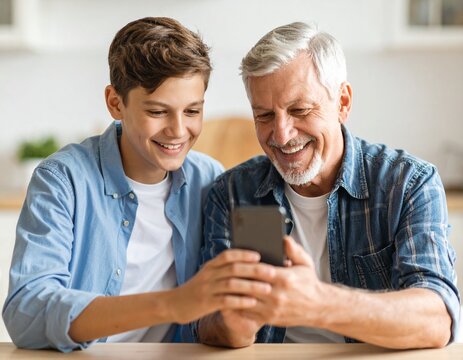 grandson teaching grandfather smartphone use at kitchen table