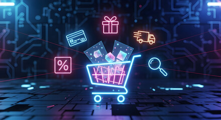 Glowing Neon Shopping Cart with Online Shopping Icons