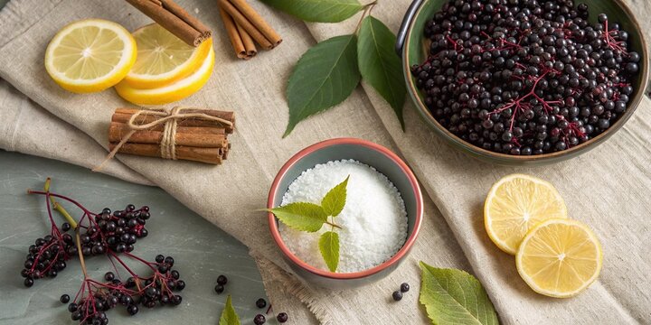 Holunderbeeren mit Zitrone Zimt und Zucker | Zutaten f&uuml;r traditionelles Rezept Stillleben

