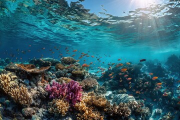 Colorful coral reef with tropical fish swimming under sunlit ocean surface in vibrant underwater marine ecosystem