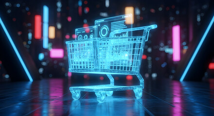 Glowing Blue Shopping Cart with Data Visualizations in Neon Cityscape
