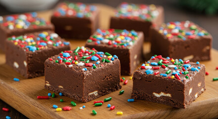 Delicious Chocolate Fudge Squares with Colorful Sprinkles on Wooden Board 1.