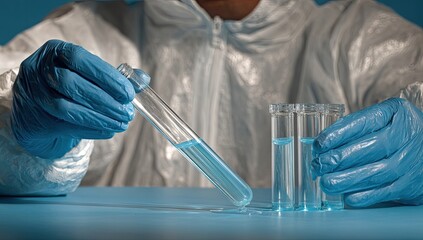 Scientist in protective gear examines test tubes with blue liquid
