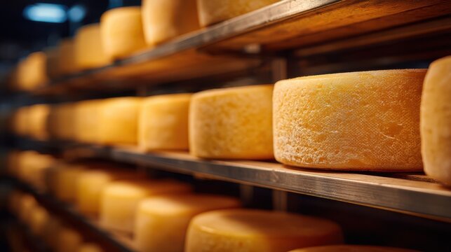 Wheels of cheese are arranged neatly on wooden shelves in a traditional cellar. The environment is cool and dark, ideal for aging. Each wheel shows the unique texture of the ripening process