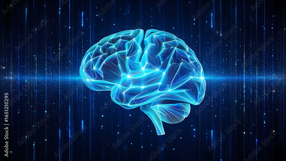 Poster futuristic glowing blue digital brain with neural network connections and data streams representing 