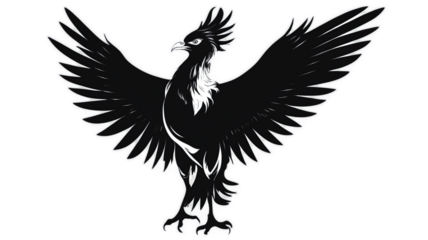 Black tattoo design of phoenix bird flying with wings spread in transparent background.