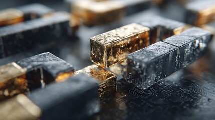Golden cubes intersect with dark, metallic blocks on a circuit board. A shimmering, translucent cube bridges the gap, creating a dramatic connection.