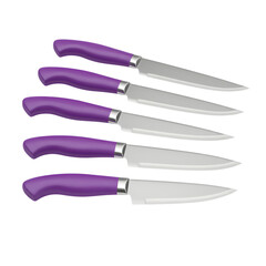 Modern kitchen knives with stylish purple handles arranged in a row, perfect for culinary blogs or cooking-themed design projects