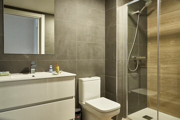 Modern bathroom interior in minimal scandinavian style, 3d render