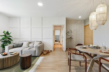 Modern luxury apartment interior in minimal scandinavian style, 3d rendering