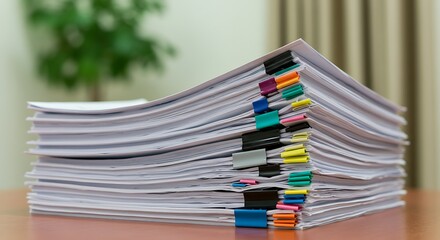 Stack of documents with color coded clips 