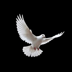 Obraz premium White dove in flight against a black background.