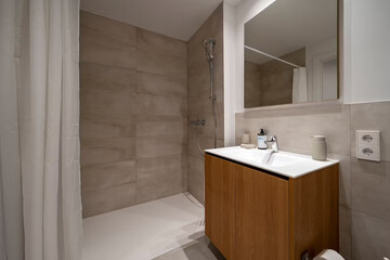 Modern bathroom interior in minimal scandinavian style, 3d render