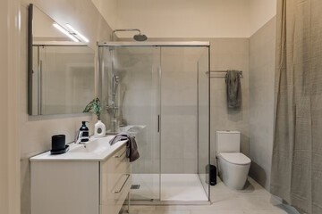 Modern bathroom interior in minimal scandinavian style, 3d render
