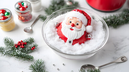 Christmas-themed tabletop setup with Santa figurine, festive bowl, and holiday decorations