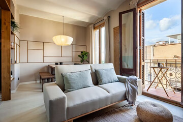 Modern luxury apartment interior in minimal scandinavian style, 3d rendering
