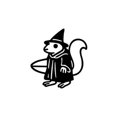 Simple black and white illustration of a rodent-like creature wearing a witch's hat and robe, holding a surfboard