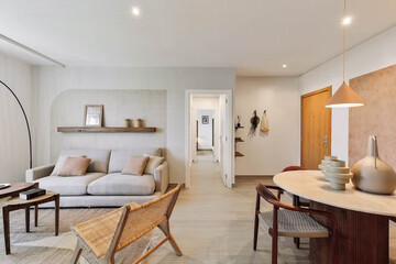 Modern luxury apartment interior in minimal scandinavian style, 3d rendering
