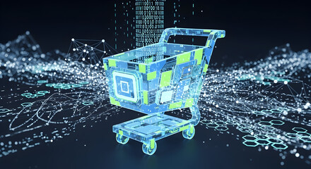 Glowing Digital Shopping Cart on Black Background with Data Streams