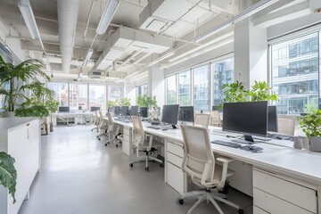 Bright modern office space with white desks, chairs and plants next to large windows, concept for corporate environment, workplace design and office relocation