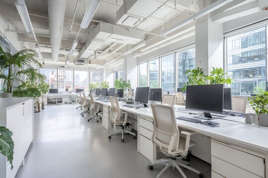 Bright modern office space with white desks, chairs and plants next to large windows, concept for corporate environment, workplace design and office relocation - Powered by Adobe
