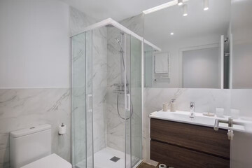 Modern bathroom interior in minimal scandinavian style, 3d render