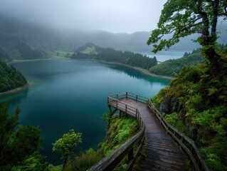 Fototapeta premium Spectacular Volcanic Crater Lake with Verdant Surroundings and Ethereal Mist, Wooden Dock Piercing the Calm Waters.