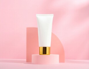 Minimalist Cosmetic Tube Mockup on Pastel Pink Geometric Stand with Shadow Overlay