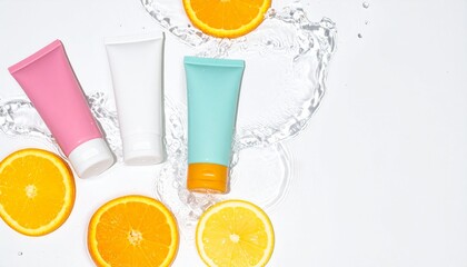 Tubes of cosmetic products and citrus fruits in water on white background