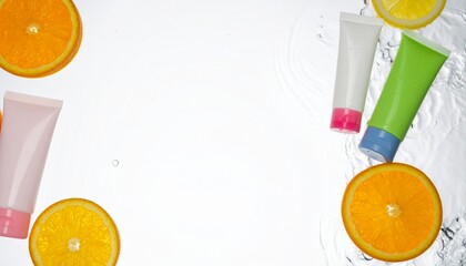 Tubes of cosmetic products and citrus fruits in water on white background
