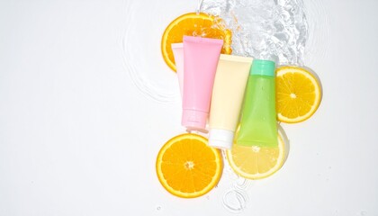 Tubes of cosmetic products and citrus fruits in water on white background
