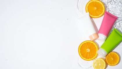 Tubes of cosmetic products and citrus fruits in water on white background