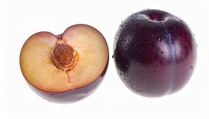 Two plums and half isolated on white background